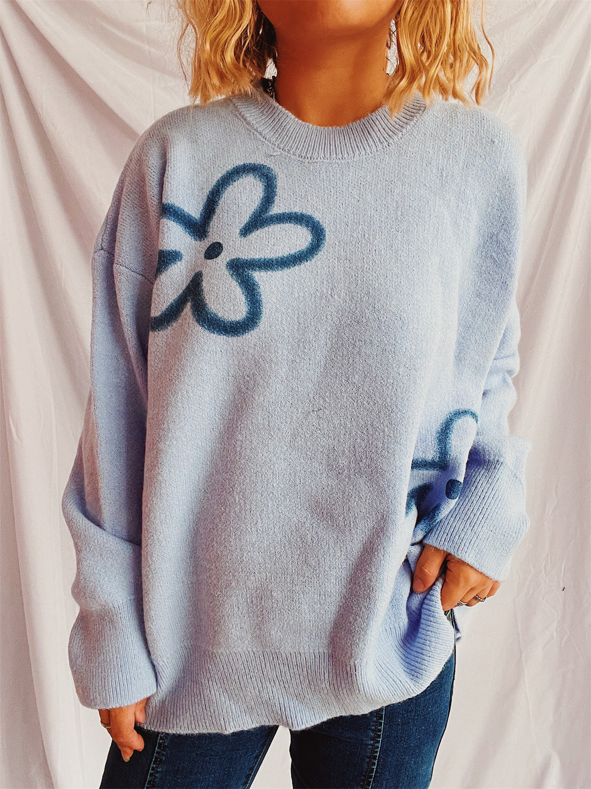 Flower Round Neck Long Sleeve Sweater