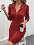 Cable-Knit Half Zip Long Sleeve Sweater Dress