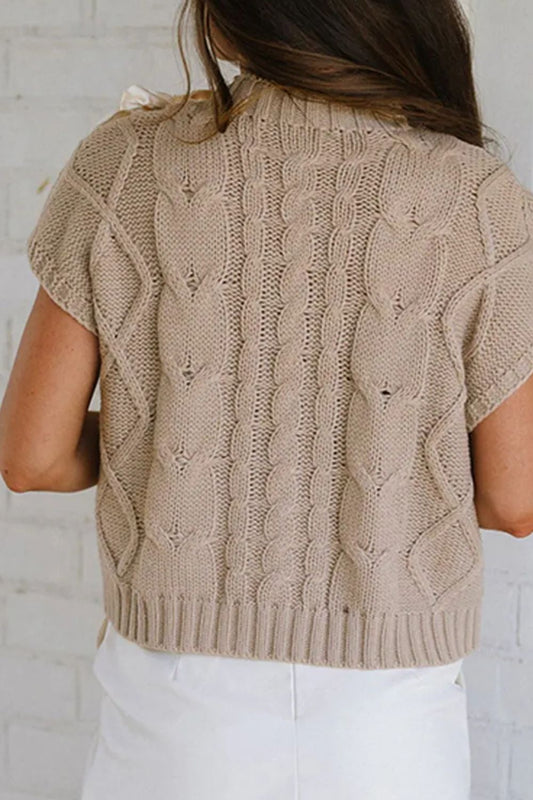 Cable-Knit Tied Mock Neck Short Sleeve Sweater