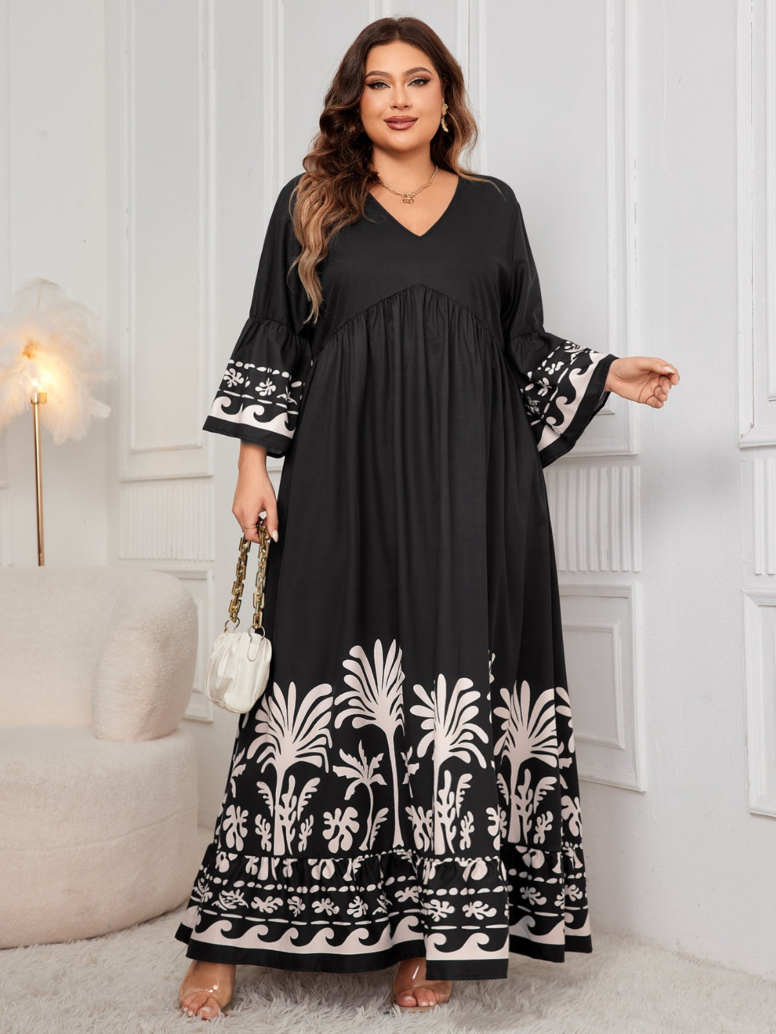 Plus Size Printed V-Neck Long Sleeve Maxi Dress