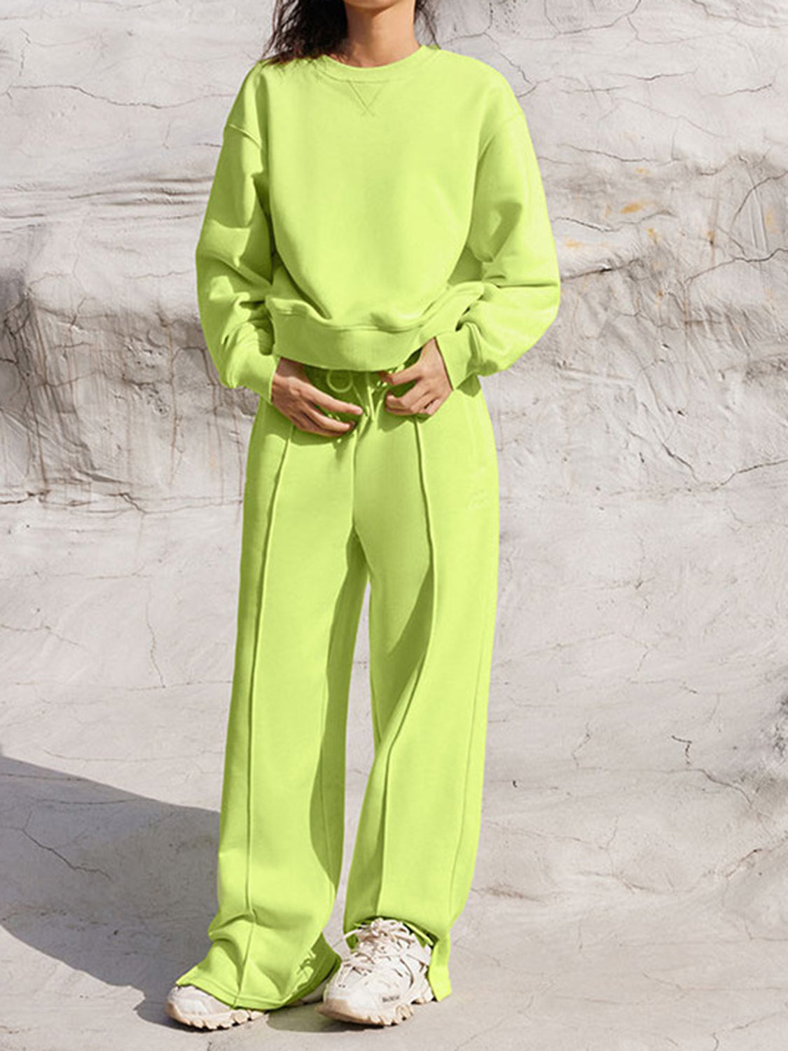 Round Neck Long Sleeve Top and Elastic Waist Pants Set