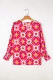 Smocked Cuff Printed Round Neck Long Sleeve Blouse