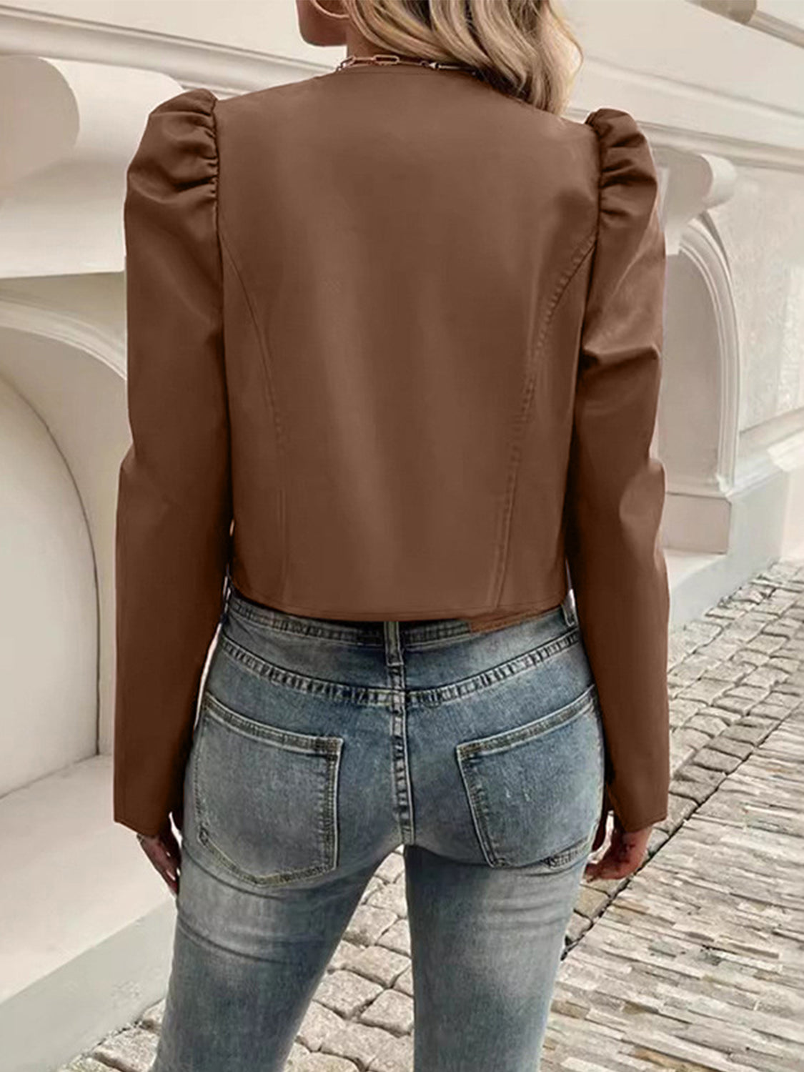 PU Leather Open Front Puff Sleeve Jacket