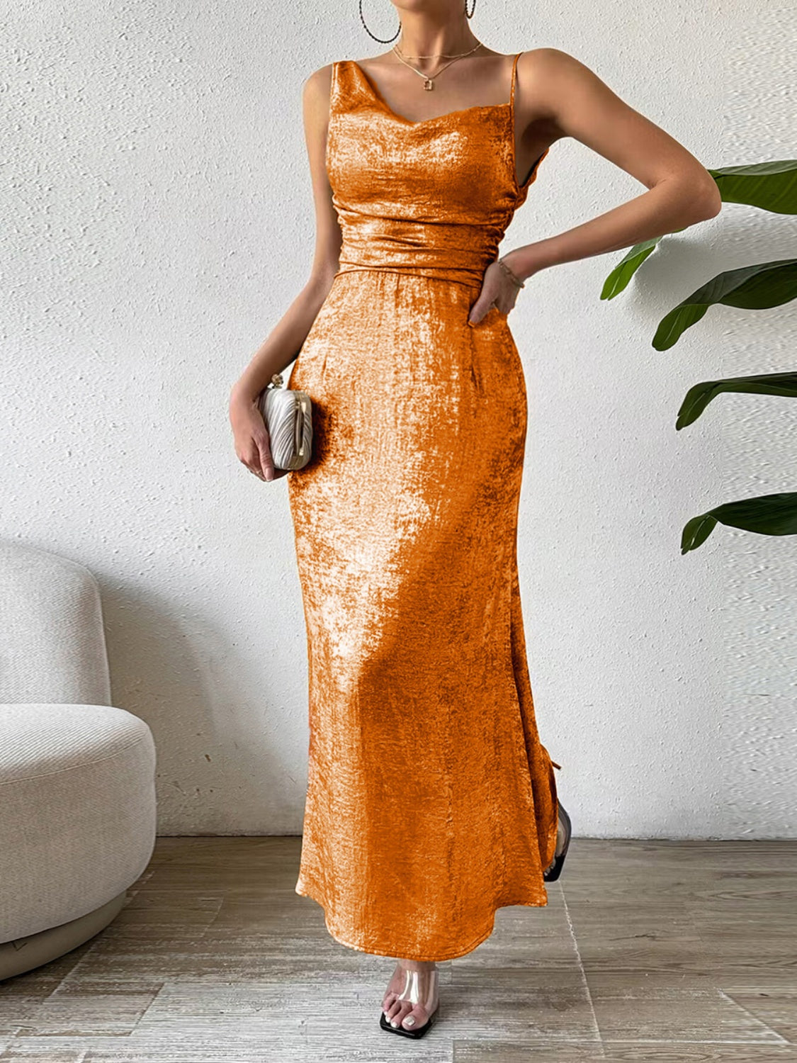 Asymmetric Neck Sleeveless Midi Dress