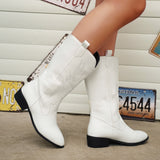 Embroidered Point Toe Block Heel Boots