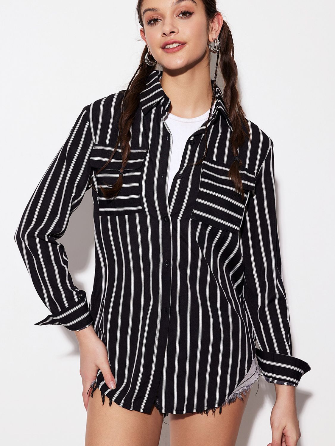 Striped Collared Neck Long Sleeve Shirt