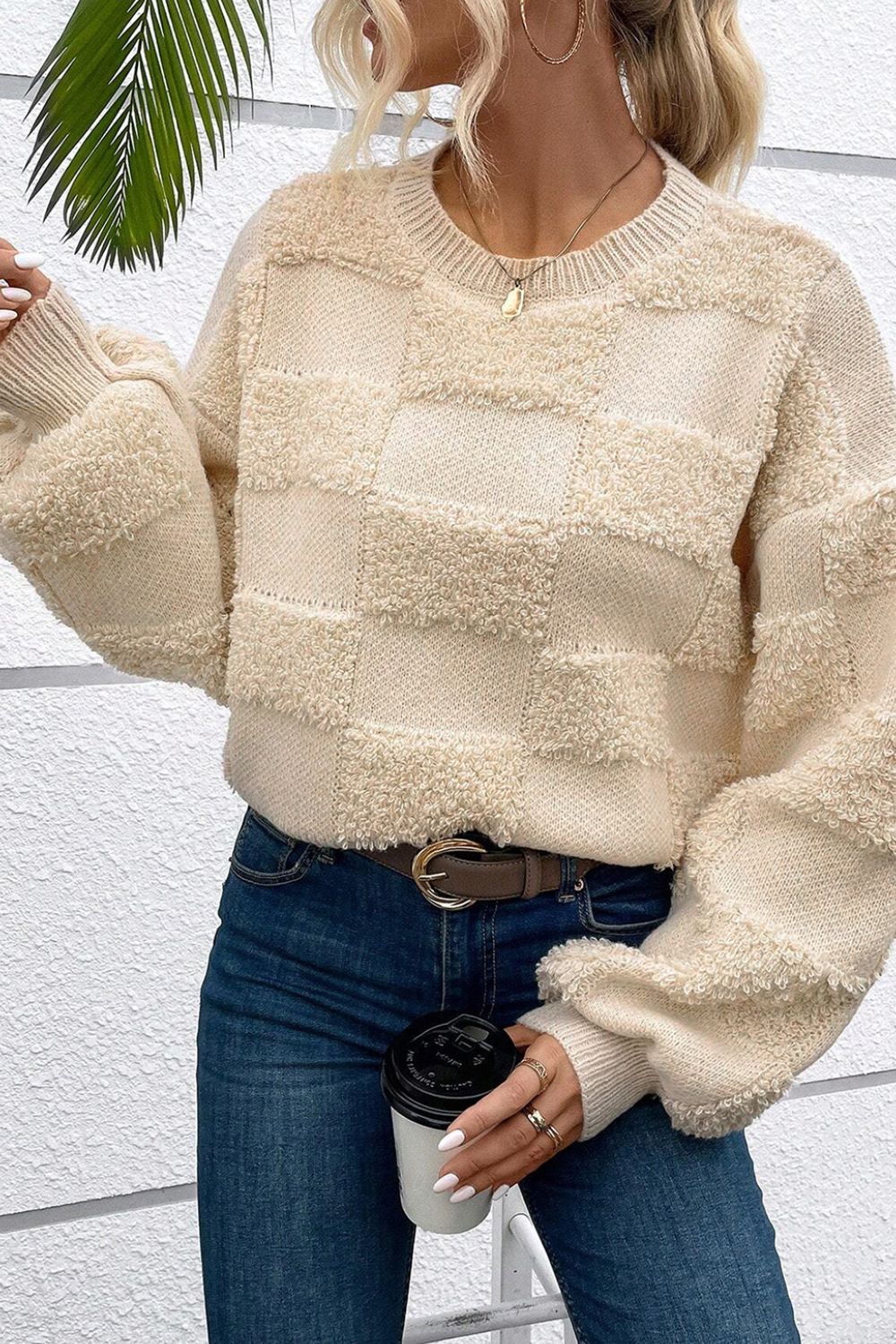 Checkered Round Neck Dropped Shoulder Sweater