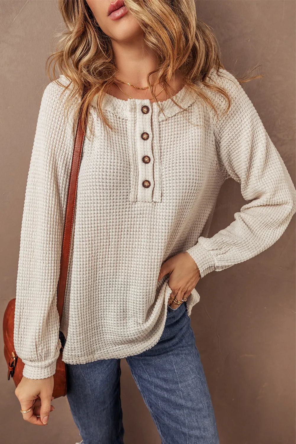 Waffle-Knit Half Button Round Neck Long Sleeve Top