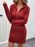 Cable-Knit Half Zip Long Sleeve Sweater Dress