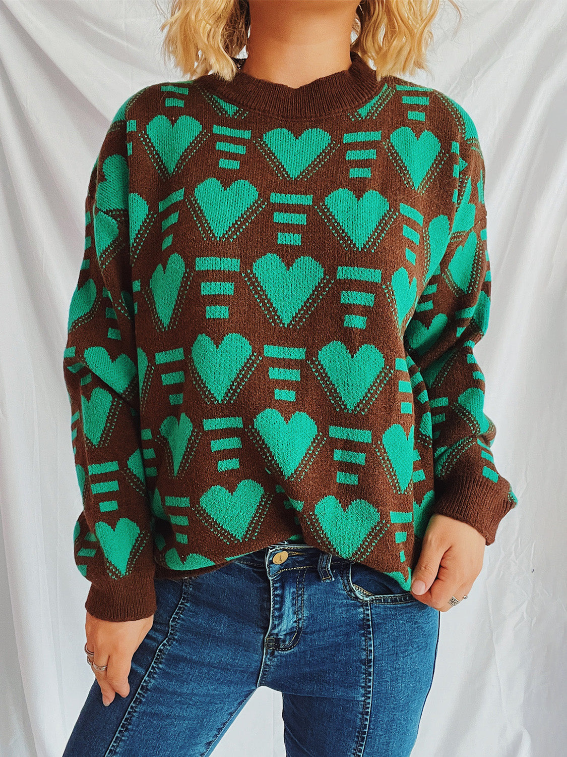 Heart Contrast Long Sleeve Dropped Shoulder Sweater