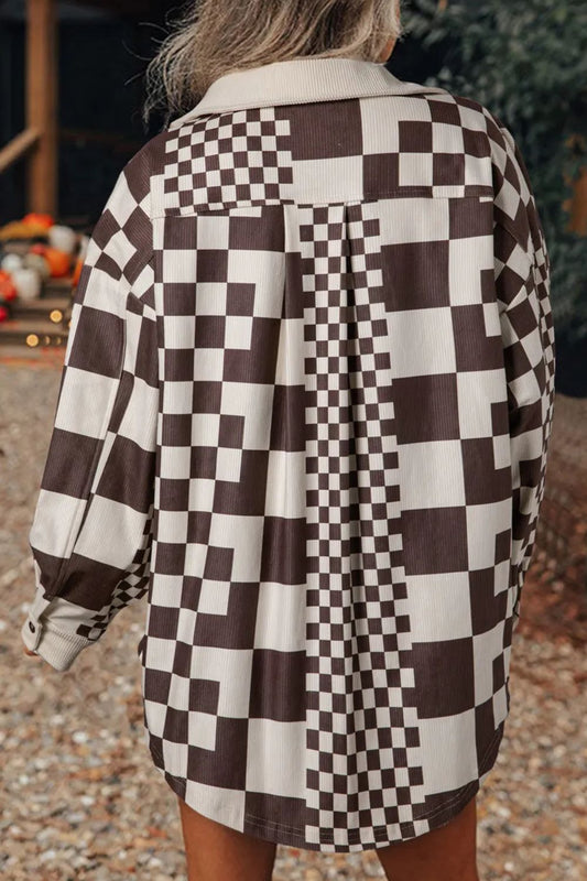 Pocketed Checkered Button Up Long Sleeve Jacket