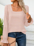 Striped Square Neck Flounce Sleeve Top