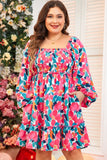 Plus Size Smocked Floral Square Neck Balloon Sleeve Dress