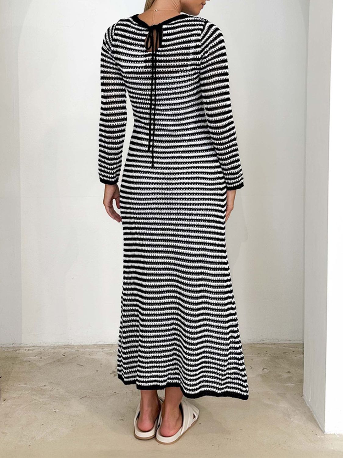 Devine Tied Round Neck Striped Sweater Dress