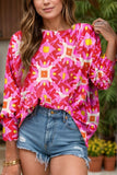 Smocked Cuff Printed Round Neck Long Sleeve Blouse