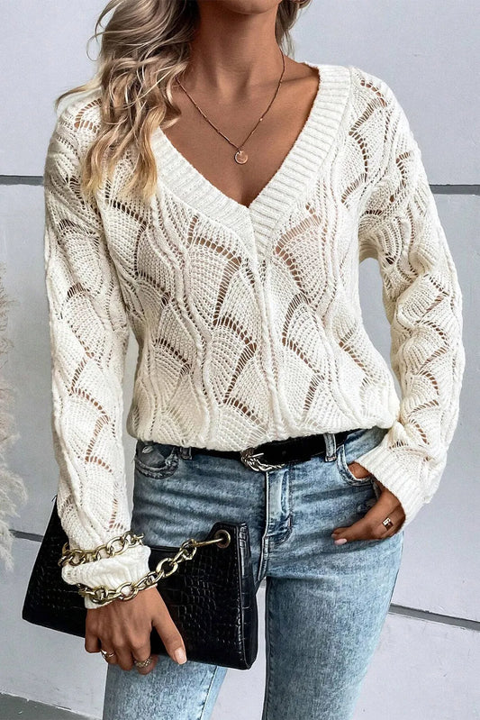 Openwork V-Neck Long Sleeve Sweater