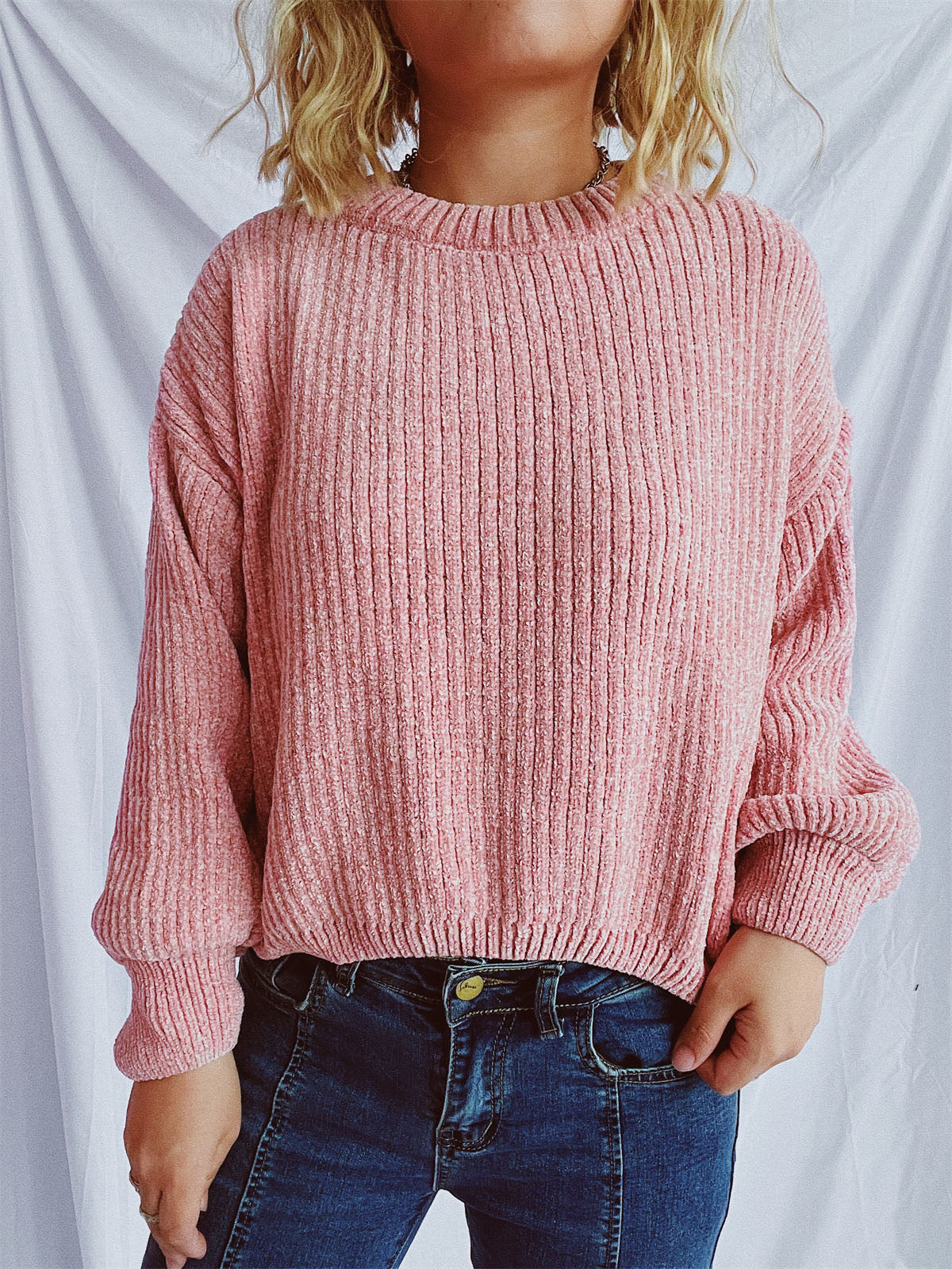 Round Neck Dropped Shoulder Long Sleeve Sweater