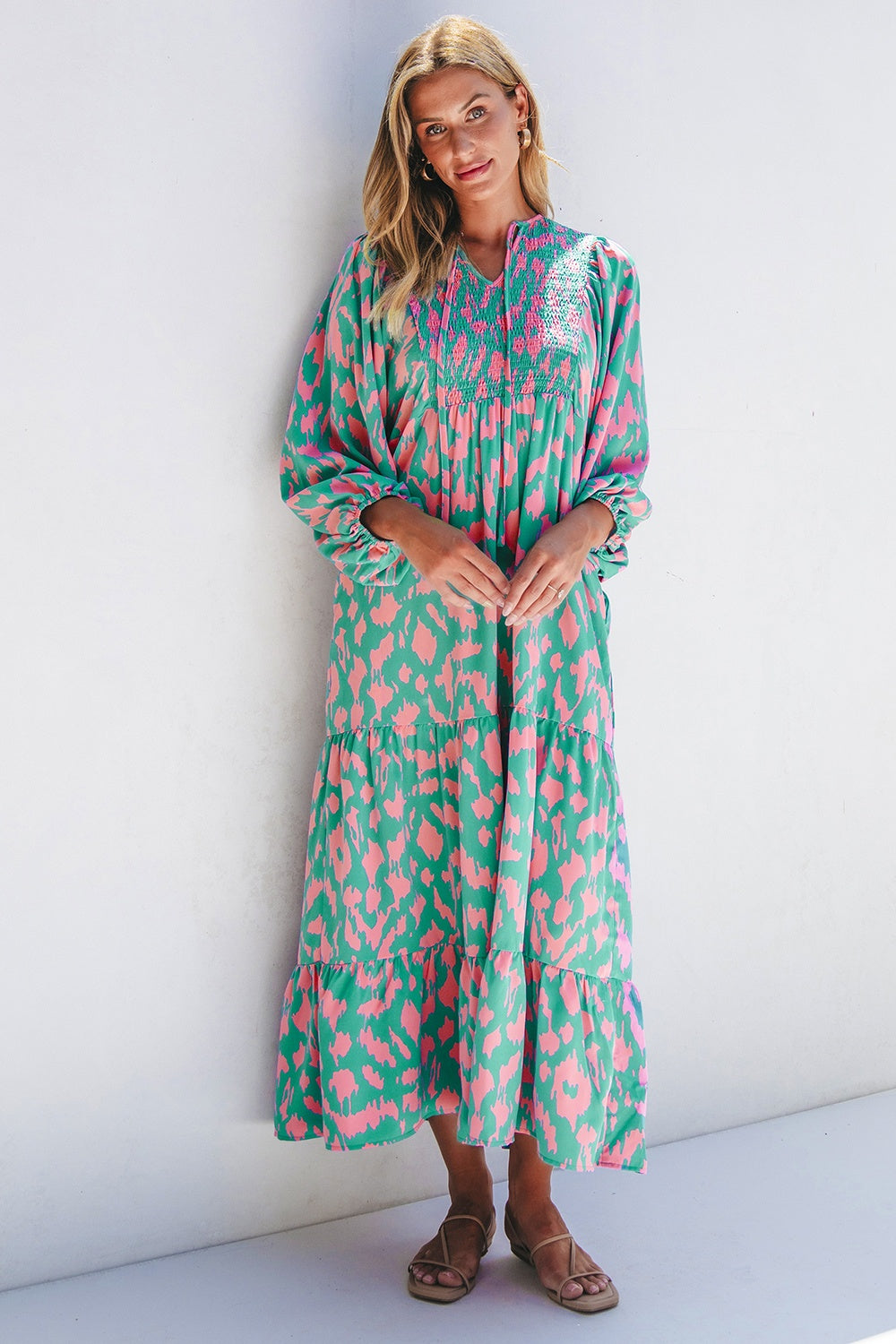 Smocked Printed Tie Neck Long Sleeve Dress