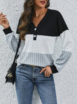 Ribbed Contrast V-Neck Long Sleeve T-Shirt