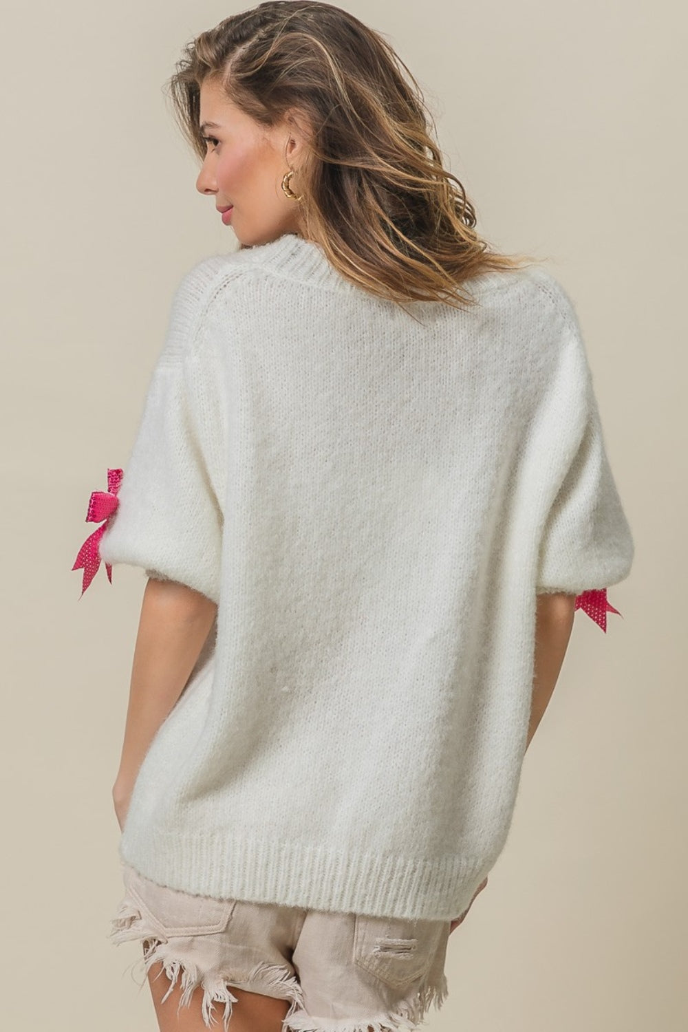 BiBi Sequin Bow Puff Sleeve Sweater