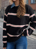 Contrast Stripes Round Neck Long Sleeve Sweater