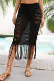 Fringe Hem Drawstring Waist Openwork Skirt