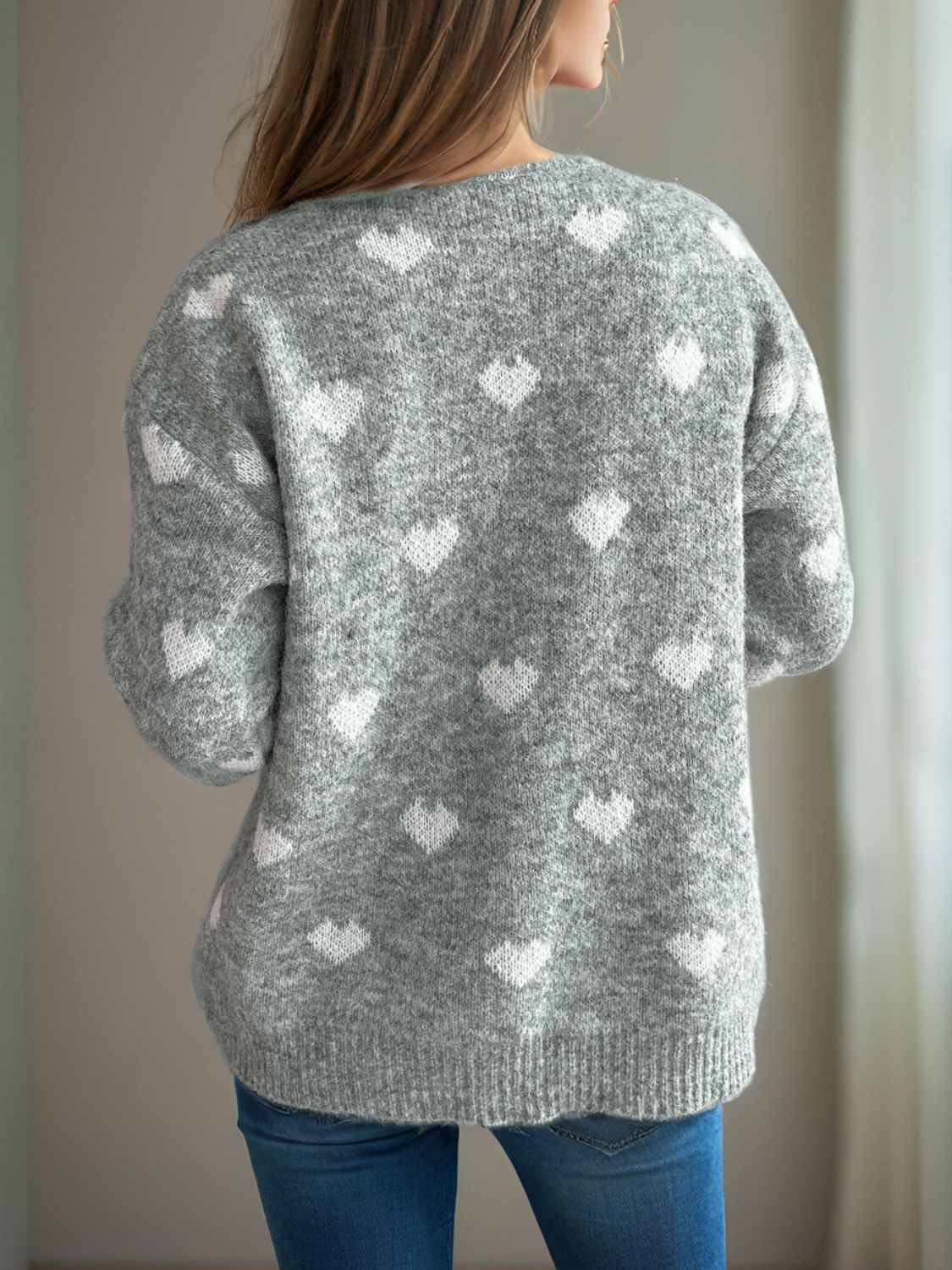 Heart Round Neck Long Sleeve Sweater