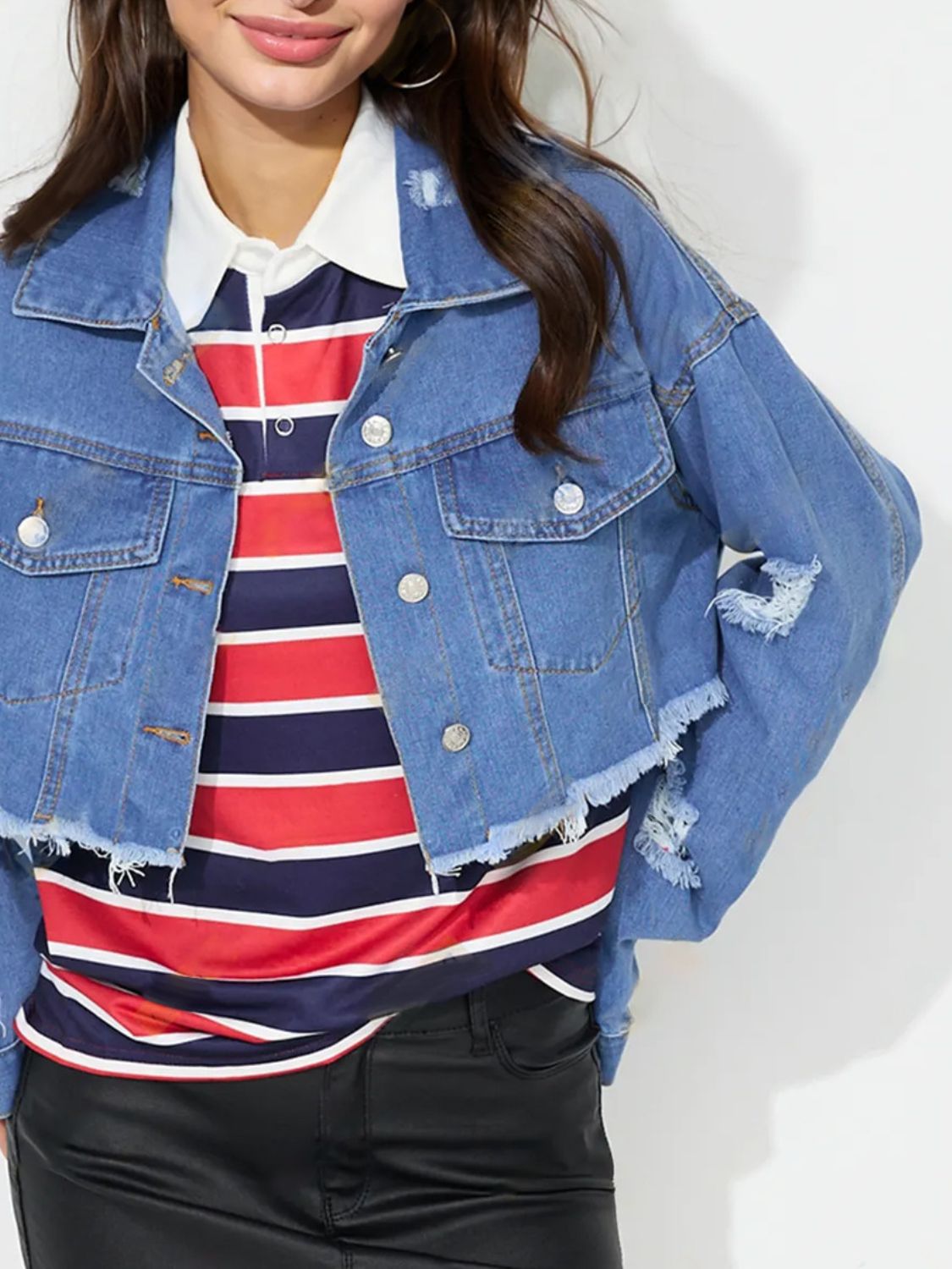 Raw Hem Collared Neck Cropped Denim Top