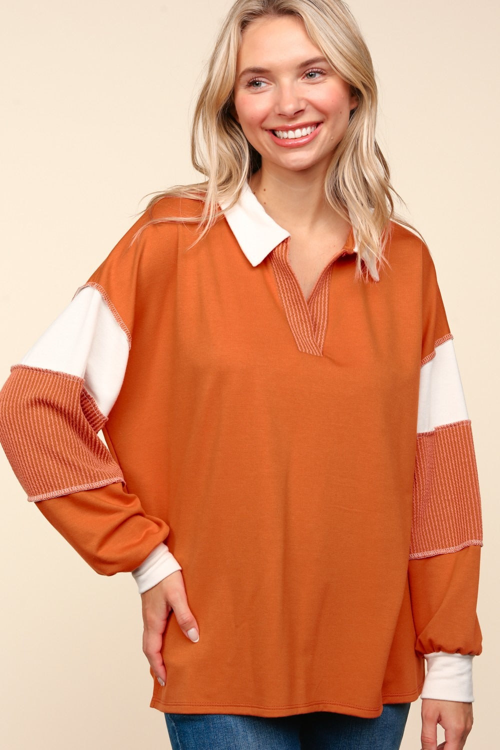 Haptics Color Block Exposed Seam Long Sleeve Top