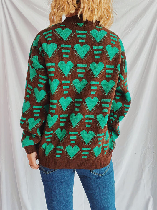 Heart Contrast Long Sleeve Dropped Shoulder Sweater