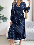 Tied Polka Dot Long Sleeve Midi Dress