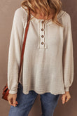 Waffle-Knit Half Button Round Neck Long Sleeve Top