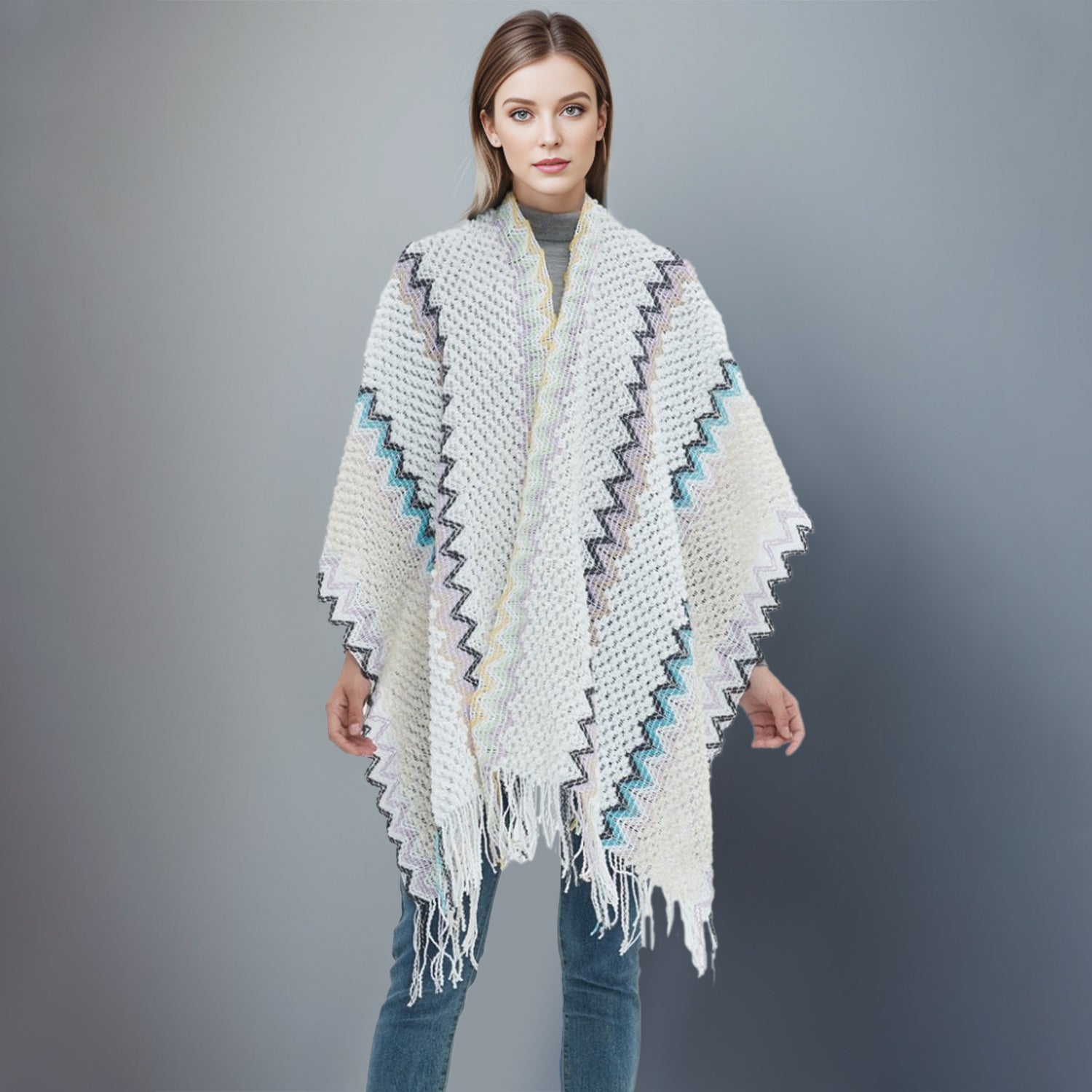 Wavy Striped Fringe Detail Shawl