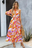 Printed One-Shoulder Tie Belt Maxi Dress