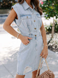 Distressed Half Button Sleeveless Denim Dress