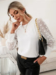 Swiss Dot Round Neck Long Sleeve Blouse