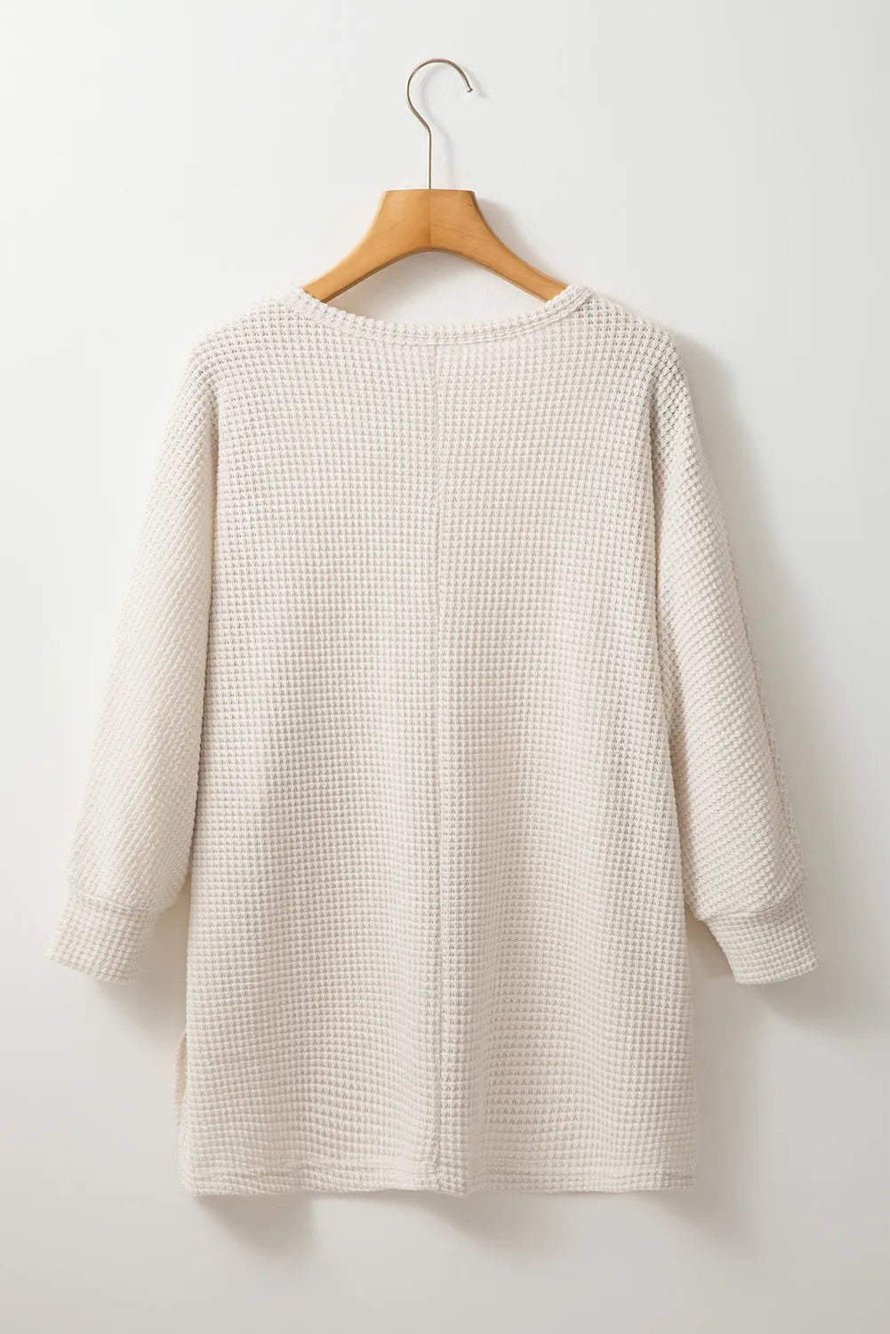 Waffle-Knit Slit Round Neck Long Sleeve Top