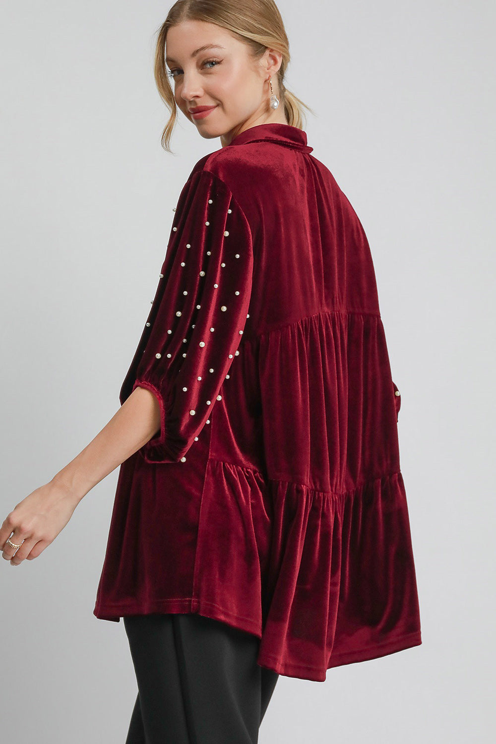 Umgee Pearl Detail Collared Neck Velvet Babydoll Blouse