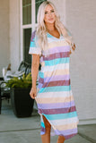 Striped V-Neck Curved Hem Midi Dress