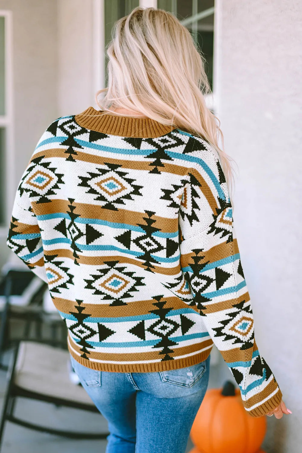 Full Size Geometric Round Neck Long Sleeve Sweater