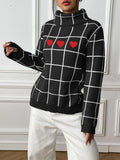 Heart Plaid Turtleneck Long Sleeve Sweater