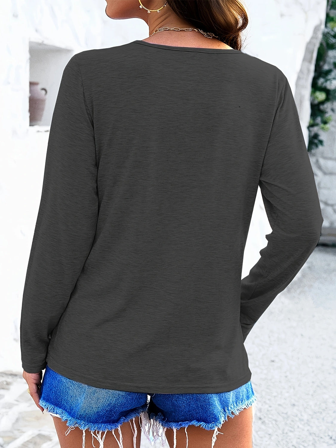 Crisscross V-Neck Long Sleeve T-Shirt