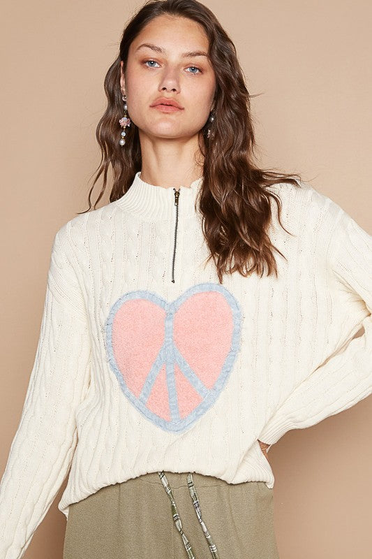 POL Cable-Knit Peace Patch Dropped Shoulder Sweater