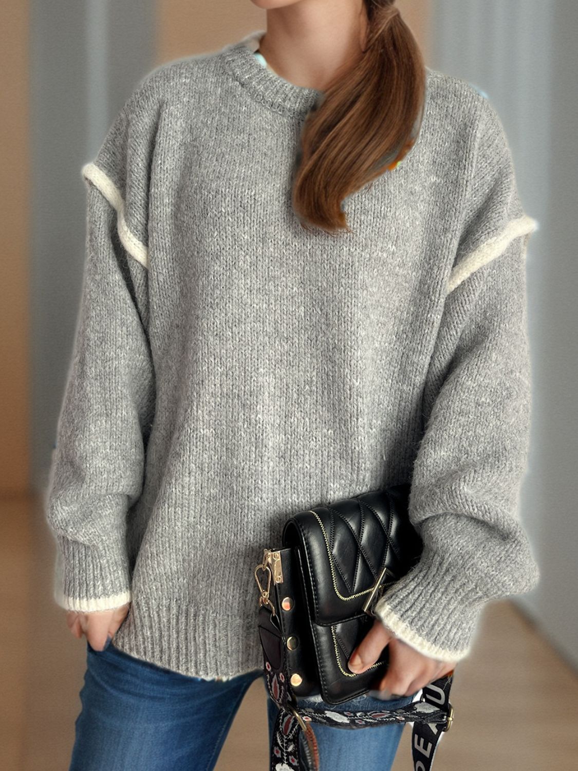 Contrast Trim Round Neck Dropped Shoulder Sweater