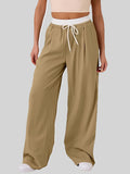 Contrast Waistband Drawstring Wide Leg Pants