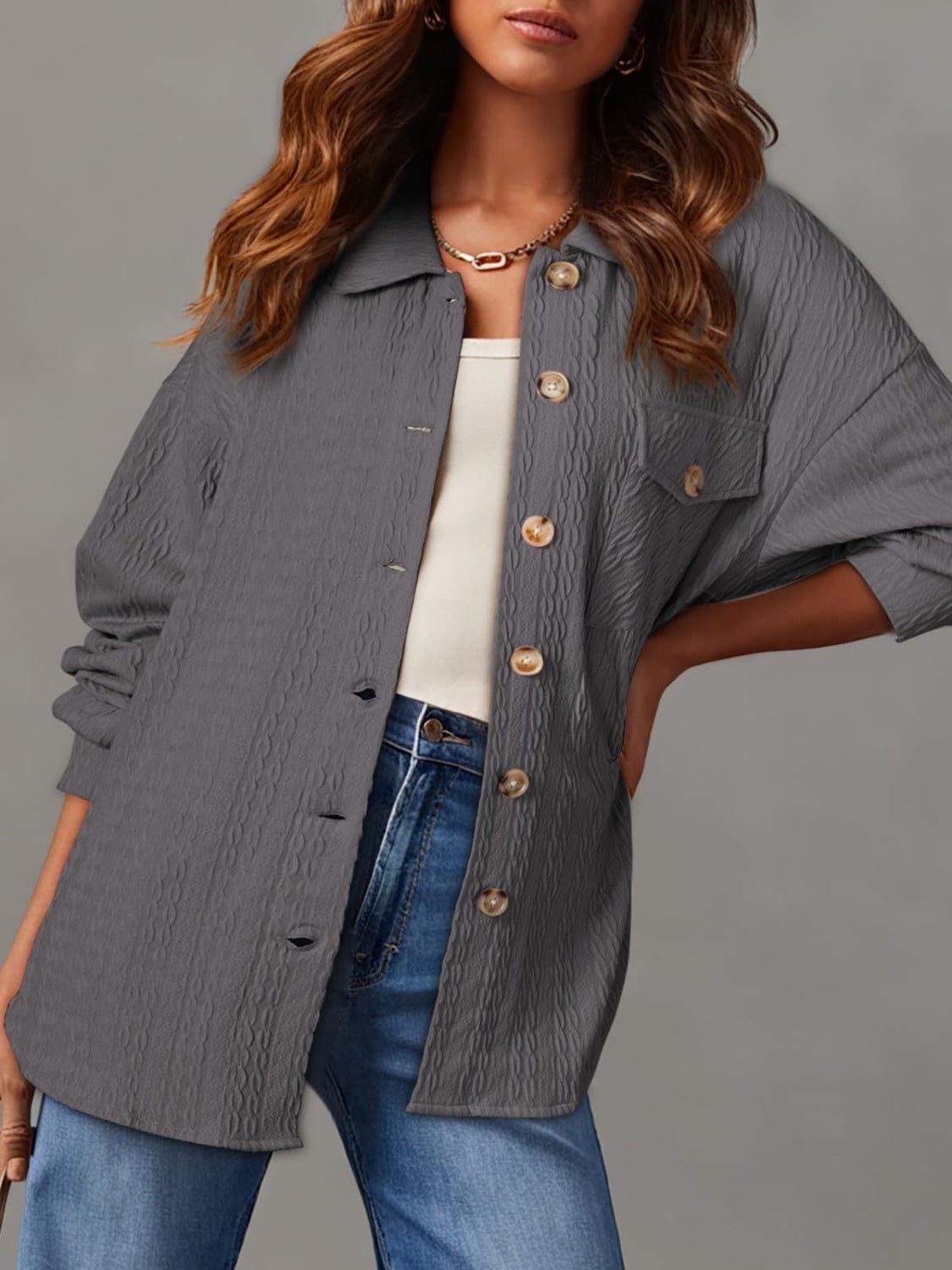 Textured Button Up Long Sleeve Shacket