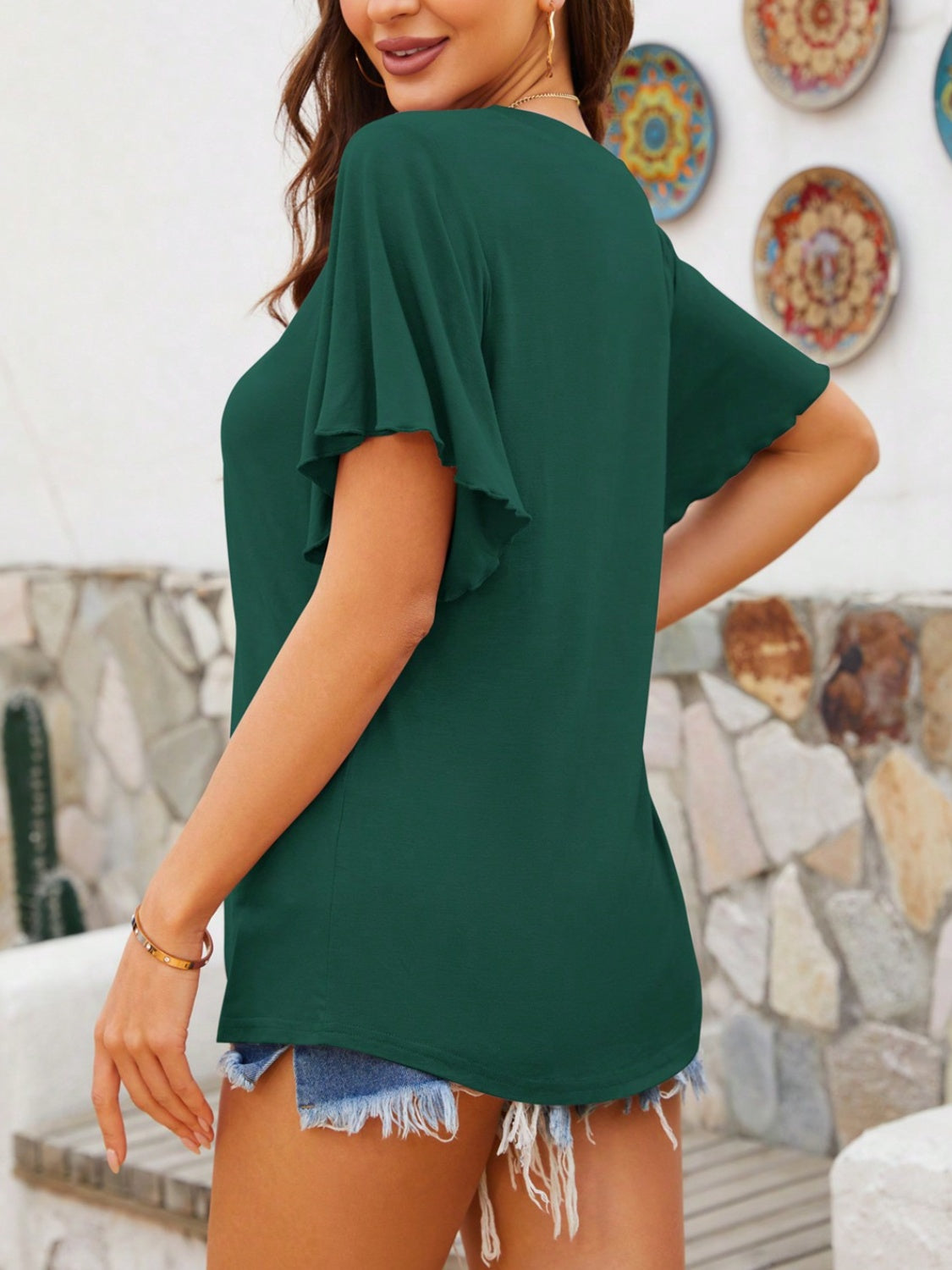 V-Neck Flutter Sleeve T-Shirt