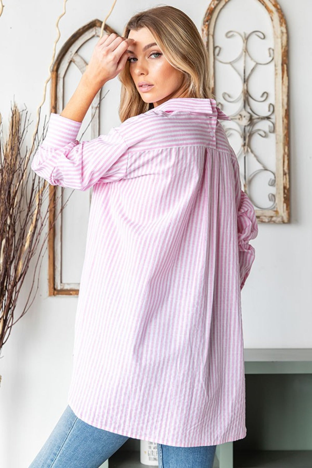 First Love Full Size Striped Button Down High-Low Hem Shirt