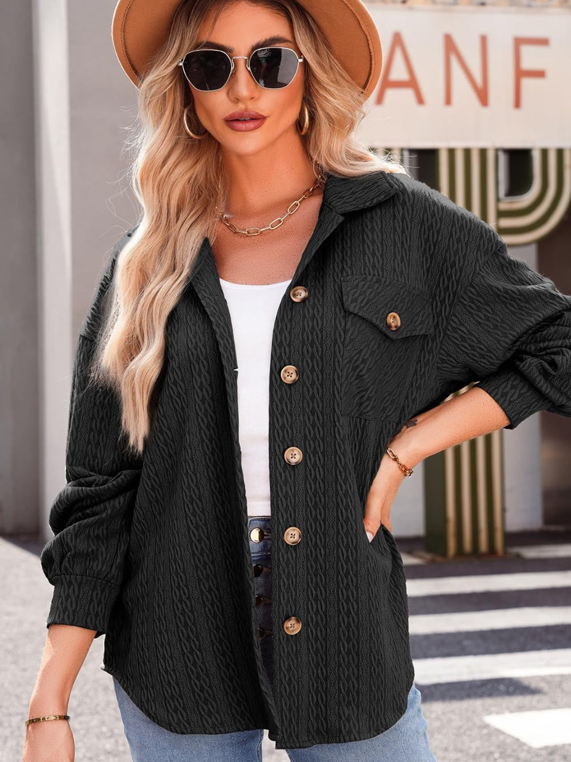 Textured Button Up Long Sleeve Shacket