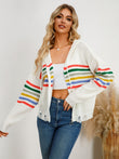 Drawstring Striped Dropped Shoulder Hooded Cardigan